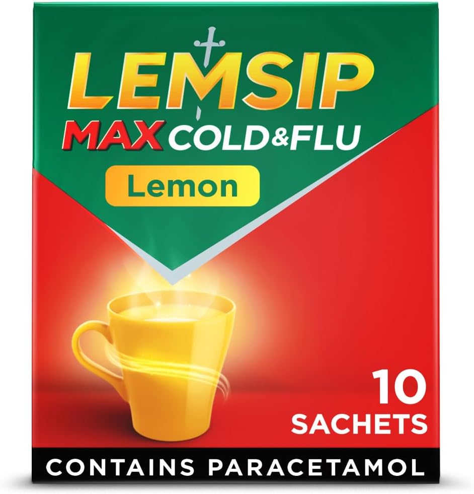 Lemsip Max Cold and Flu, Lemon, 10 Sachets, Paracetamol, Headache Relief, Sore Throat Relief, Nasal Congestion Relief, Max Strength, Fast-Acting, Medication