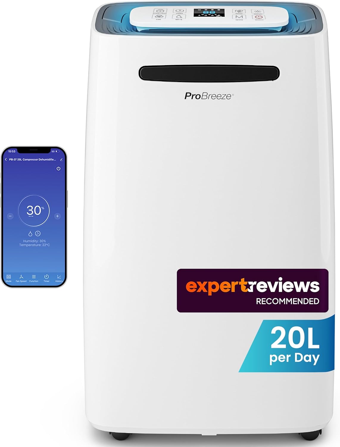 Pro Breeze® 20L/Day Smart Dehumidifier with Digital Humidity Display, Sleep Mode, Continuous Drainage, Laundry Drying and 24 Hour Timer - Ideal for Damp and Condensation