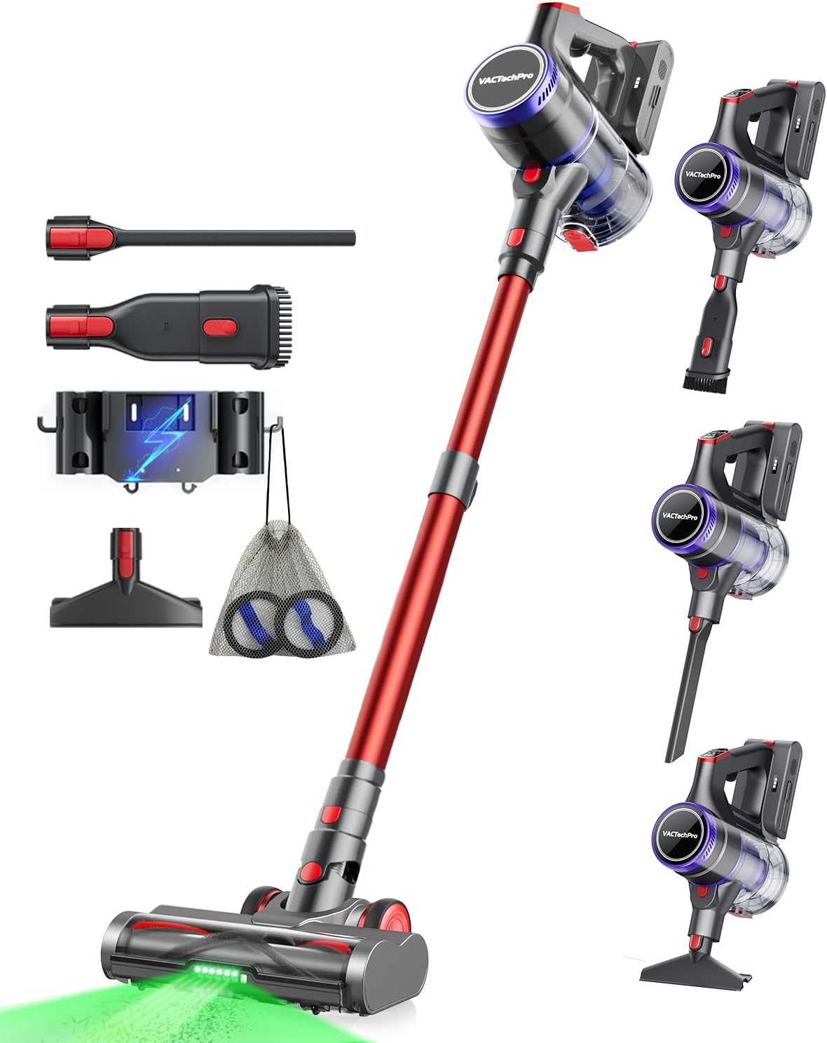 VACTechPro Ultra Cordless Vacuum Cleaner, 48KPA/550W/70min Stick Vacuum with 1.5L Dustbin, Wall-mounted Charging/Removable Battery, Anti-Tangled Handheld Vacuum for Hard Floors Carpet Car Pet Hair