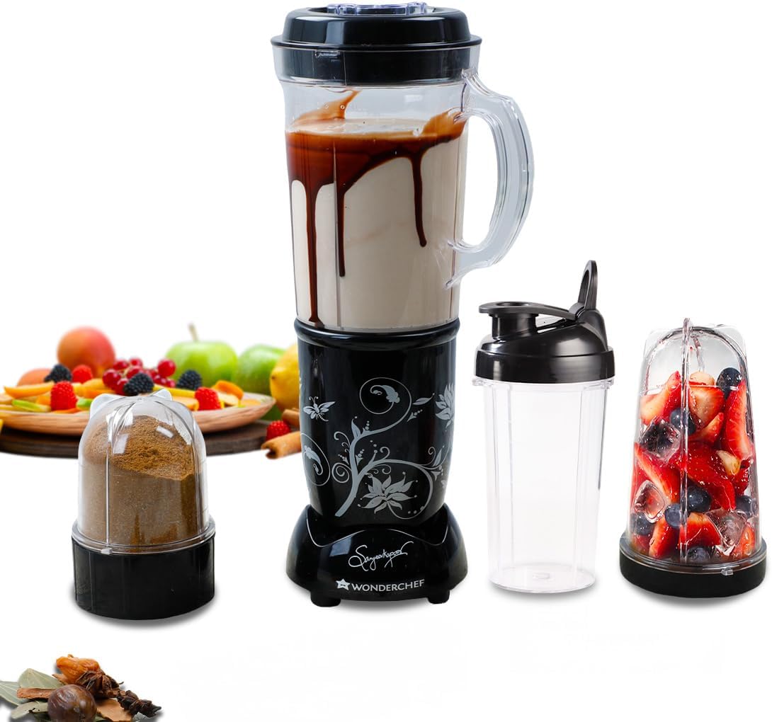 Wonderchef Nutri-blend Juicer, Mixer, Grinder, Blender & Smoothie Maker500W 22000 RPM Full Motor Stainless steel Blades 3 unbreakable jars Recipe book by Chef Sanjeev Kapoor 2 Jar,3 JarBlack