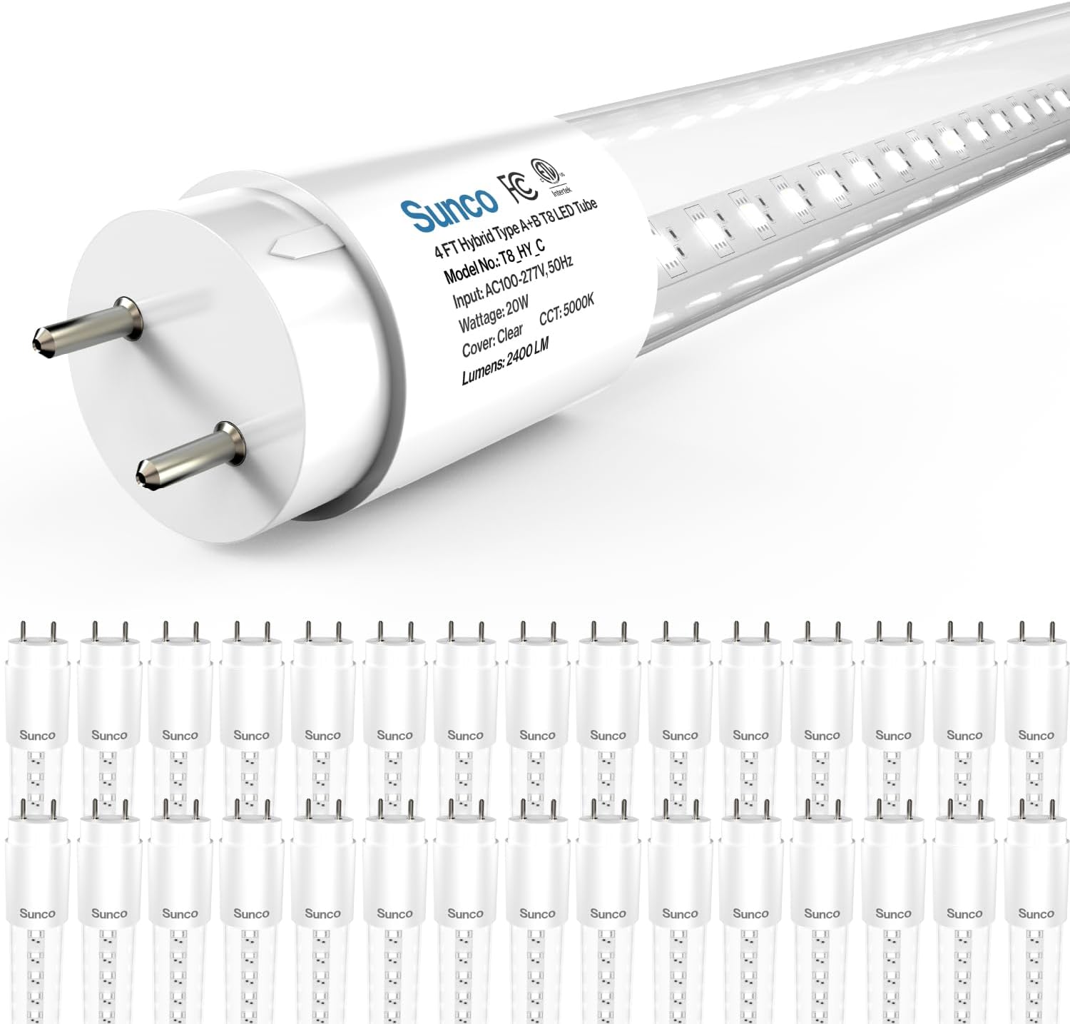 Sunco 30 Pack T8 LED Bulbs 4 Foot, 48 Inch Tube Light Bulbs Fluorescent Replacement, Single or Double Ended Hybrid Type A+B, 2400 LM, 20W, 5000K Daylight, Clear Lens ETL.
