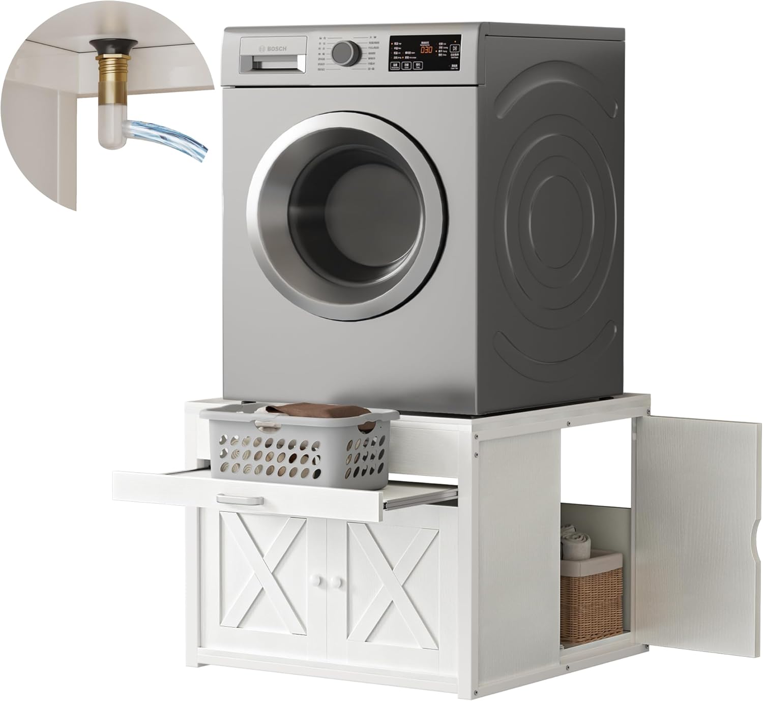 DTK Washer and Dryer Pedestals, Washing Machine Stand with Laundry Basket Shelf, Universal Fit Laundry Pedestals with Hidden Storage and Three Side Doors, 800LBS Capacity