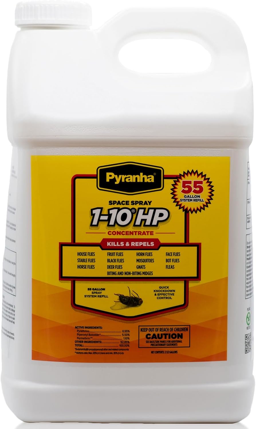 PYRANHA 1-10 HP Concentrate Refill 2.5 Gallon for 55 Gal Automatic Spray Systems - Barn Indoor Fly Control | Repels Horn, Deer, Horse, Stable, & Face Flies, Midge