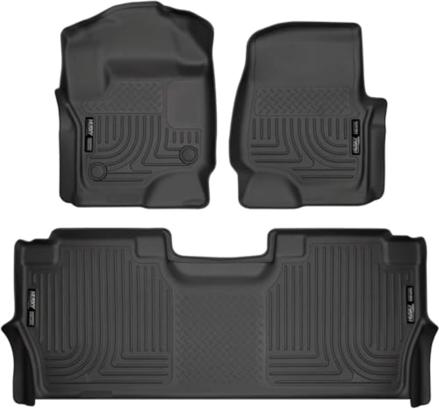 Husky Liners Weatherbeater Floor Mats | Fits 2017-2025 Ford F-250/F-350/F-450 SuperCrew Cab with Factory Carpet & with Fold Flat Storage | Front & 2nd Row, 3-pc Black - 94061