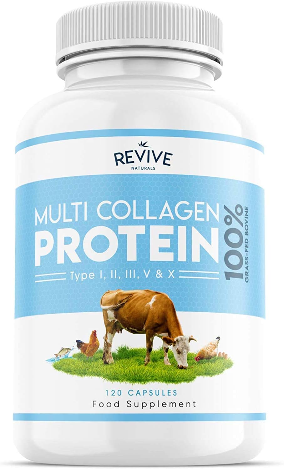 Multi Collagen Protein Capsules - 120 Count - Types I, II, III, V & X - Hydrolysed Grass Fed Bovine, Wild Caught Marine & Free-Range Chicken, Made with Hyaluronic Acid & Vitamin C by Revive Naturals