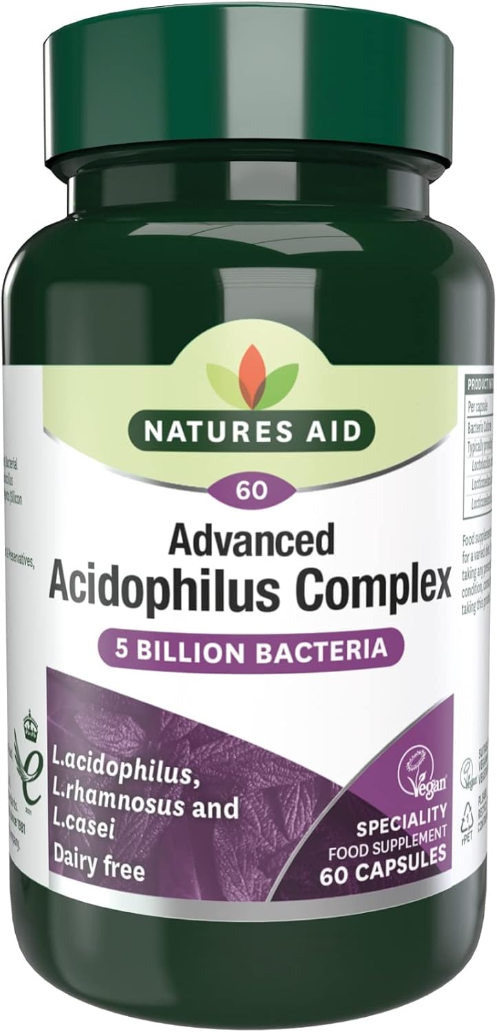 Natures Aid Acidophilus Complex 5 Billion CFU – High Strength Probiotic Supplement 5 Billion Live Bacteria – Supports Digestive Health & Gut Flora – Vegan, Gluten Free, Non-GMO – 60 Capsules