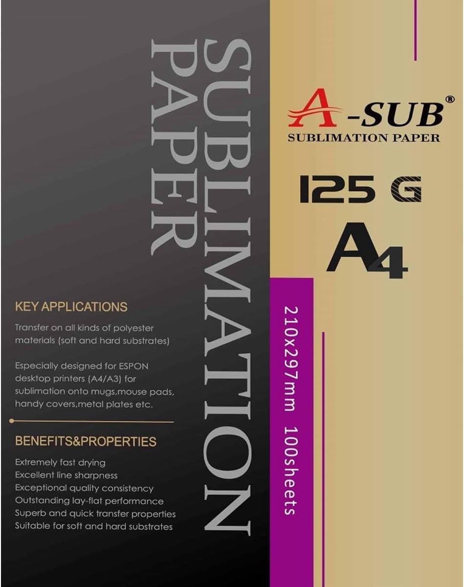 A-SUB Sublimation Paper A4, 210x297mm, 100 Sheets, 125gsm, Compatible with EPSON, SAWGRASS, RICOH, Brother Sublimation Printers