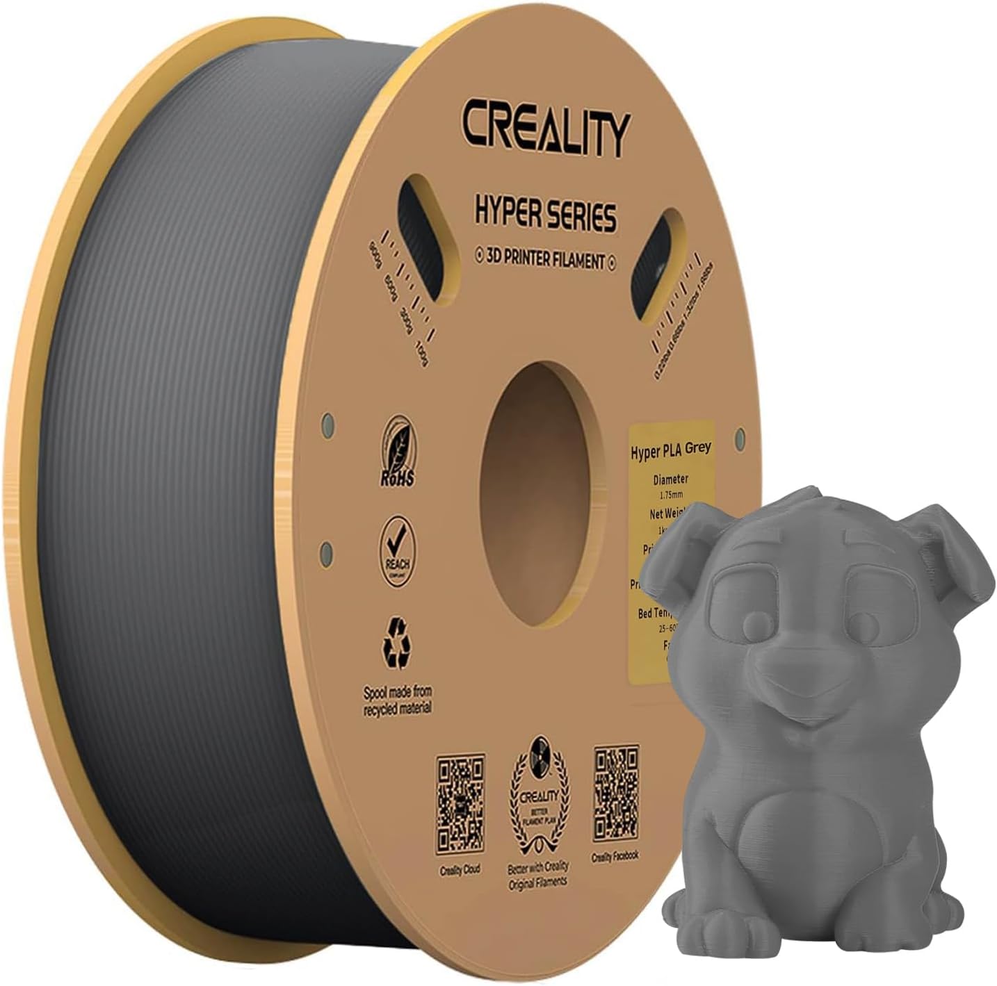 Comgrow Hyper Filament PLA Grey,10x Faster Print, High Speed 30-600mm/s 3D Printer Filament, for Creality K1, K1 Max, Bambu Lab X1, Bambu Lab P1P, Ankermake M5, Flashforge Guider 3 Ultra, FLSUN V400