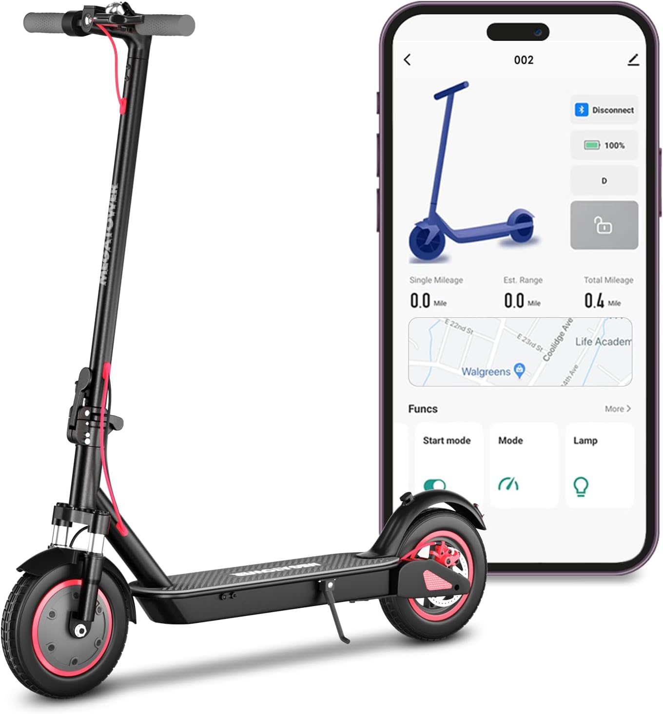 MoNiBloom E-Scooter Electric Kick Scooter w/LED Display and Bluetooth APP, Portable Folding Commuting Scooter for Adults & Teens