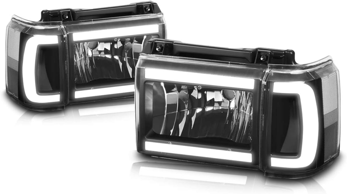 PM PERFORMOTOR Black Housing Headlights With LED DRL Bar Compatible with 87-91 Bronco / 87-91 F150 250 350, PMHL-F150-8791-LB-BC