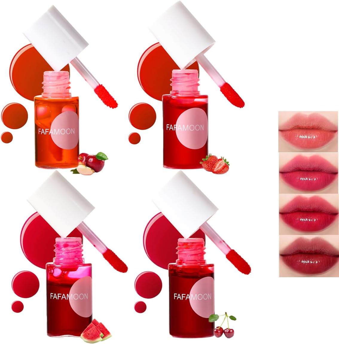 Baorder 4PCS Korean Lip Gloss Set, Lip Tint Stain Set,Mini Liquid Water Tint,Moisturizing Natural,Long Lasting Waterproof,Multi-Use Lip and Cheek Tint(Apple& Strawberry& Watermelon& Cherry)