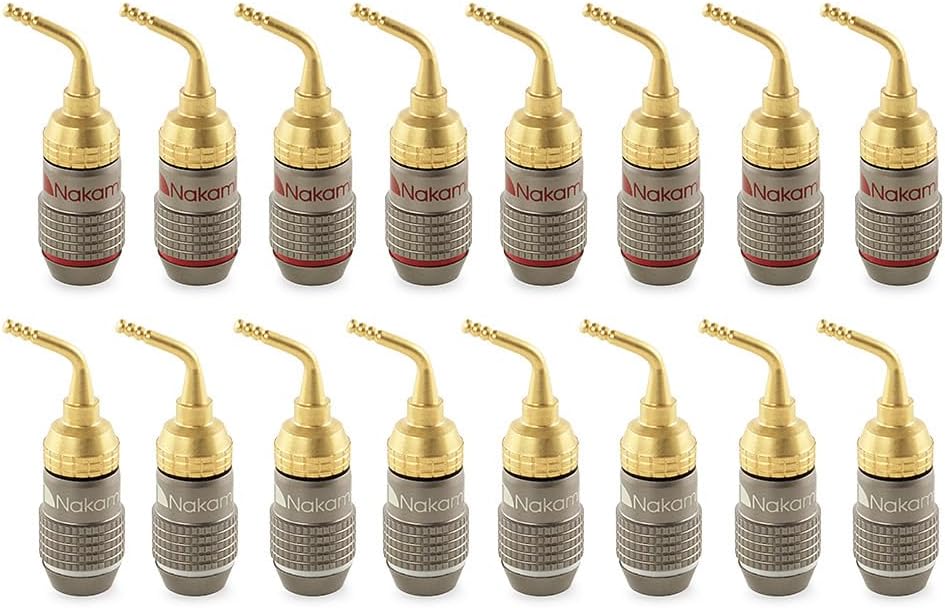 Nakamichi FanLock Excel Series 24k Gold Plated 2mm Pin Plug Banana 10 AWG - 18 AWG Gauge Size 4mm for Spring Clip Speakers Amplifier Hi-Fi Home Theatre Wire Cable Quick Connector, 16 Pcs (8-Pairs)