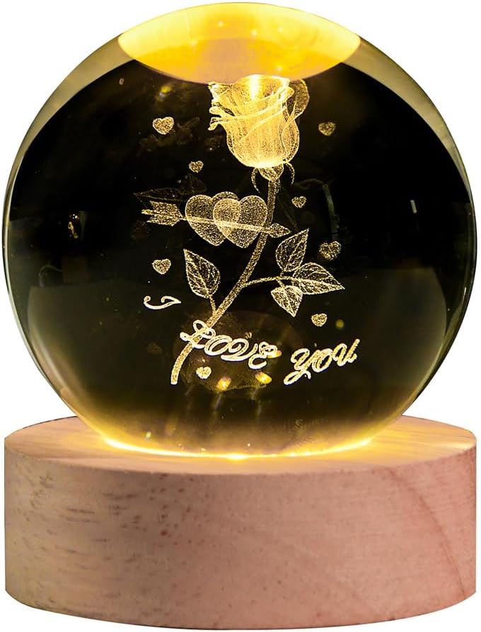 3D Rose Crystal Ball with LED Stand, Rose Figurine in Glass Sphere Lamp Night Light, I Love You Decor Gifts for Women Girls Mom Kids
