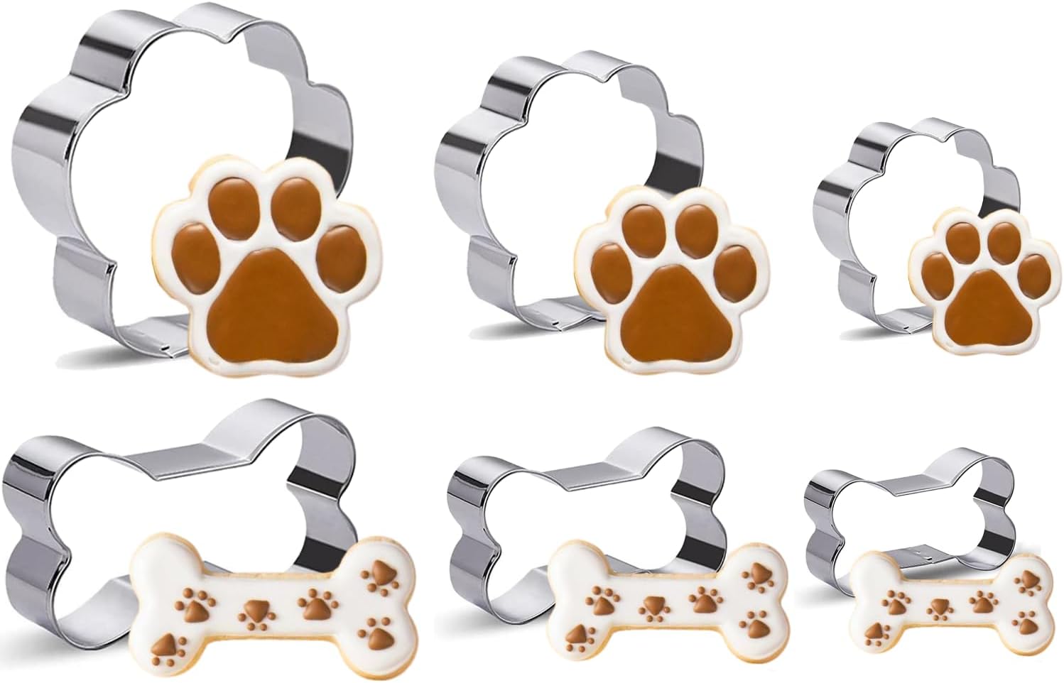 6 PCS Dog Bone & Paw Cookie Cutter Set, Stainless Steel Biscuit Cutters for DIY Baking Fondant Cake Molds Dog Treats, Bones 3 Size-2.6/2/1.6IN