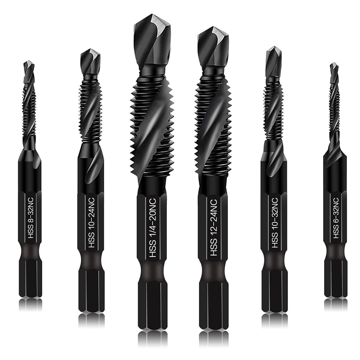 6 Packs Combination Drill & Taps Bit Set, Screw Tapping in SAE Size 6-32nc 8-32nc 10-32nc 10-24nc 12-24nc 1/4-20nc with Anti-Rust Black Coating, 1/4” Hex Shank and Storage Case