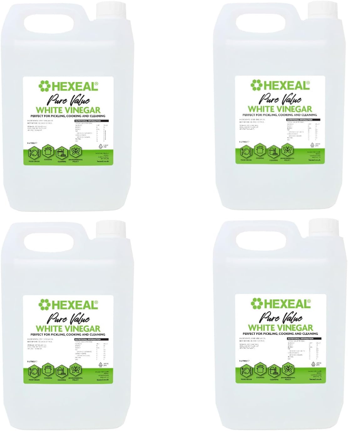 Hexeal Pure Value White Vinegar 20L – 4 x 5L Bottle of Food Grade White Vinegar for Cooking, Cleaning, Pickling & Baking – Cleans Surfaces & Deodorises & Removes Grime