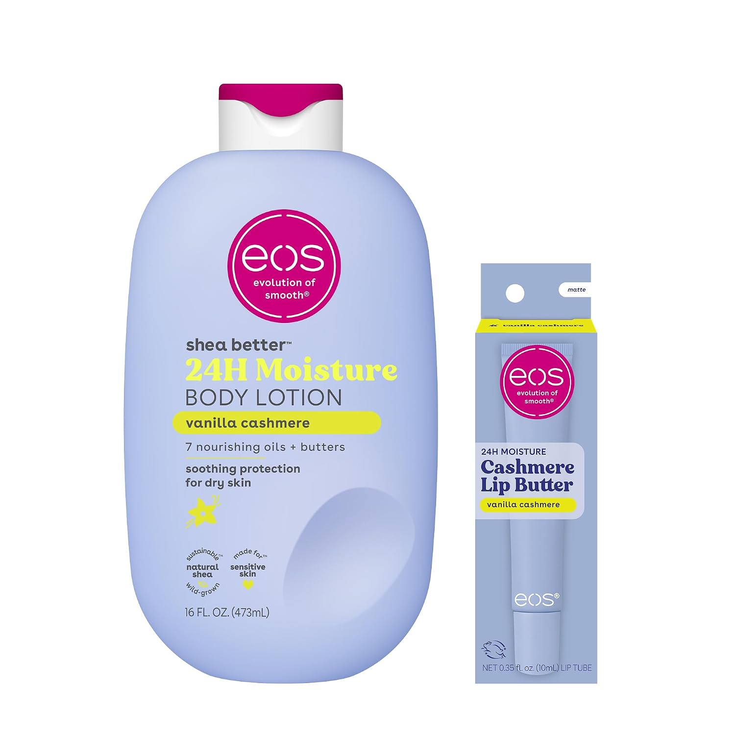 Bundle of eos Cashmere Lip Butter - Vanilla Cashmere, Plumping Peptides, Smoothing, 0.35 fl oz + Shea Better Body Lotion Vanilla Cashmere, 24-Hour Moisture Skin Care, Body Lotion, 16 fl oz