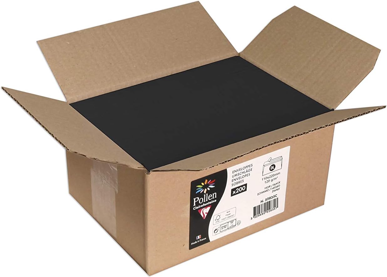 Clairefontaine - Ref 55835C - Pollen Bulk Packed Envelopes (Pack of 200) - DL Sized, 120gsm Paper, Inkjet & Laser Compatible, Acid Free, Self-Adhesive Backing - Black