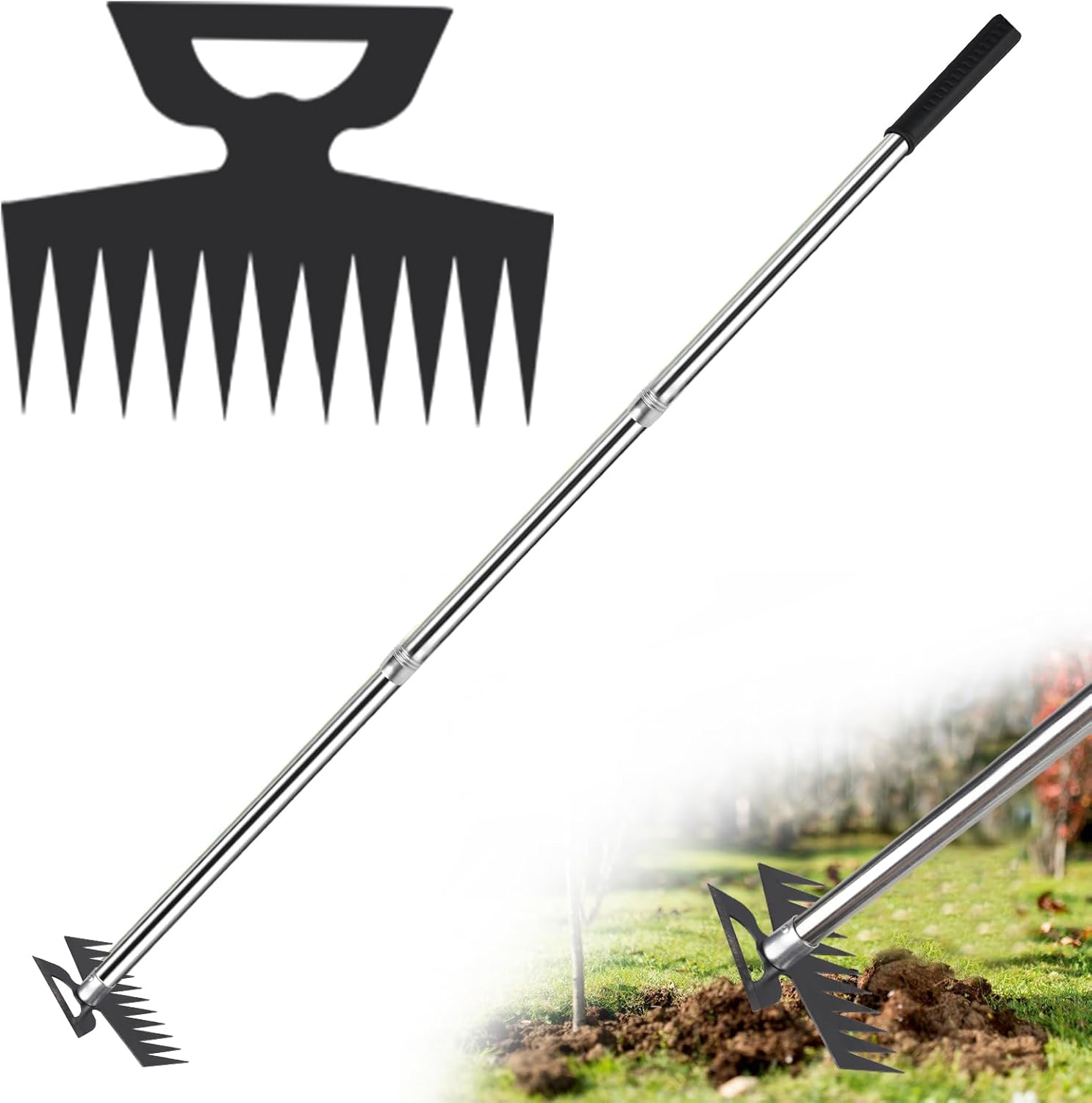 Weed Puller Picker Tool Scuffle Hoe Rake, Hand Tiller Small for Planting, Grass Weeder Dandelion Uprooting Remover, Standing Cultivator for Flower Garden Beds Lawns Yard Weeding and Leveling