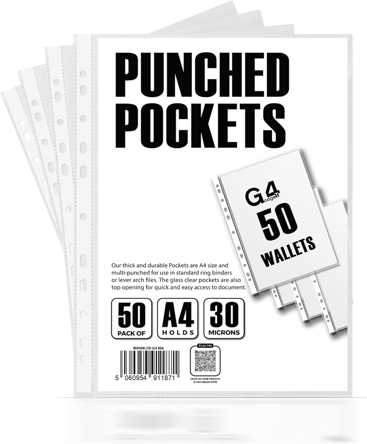G4GADGET Pack of 50 A4 Clear Plastic Punch Punched Pockets Folders Filing Wallets Sleeves