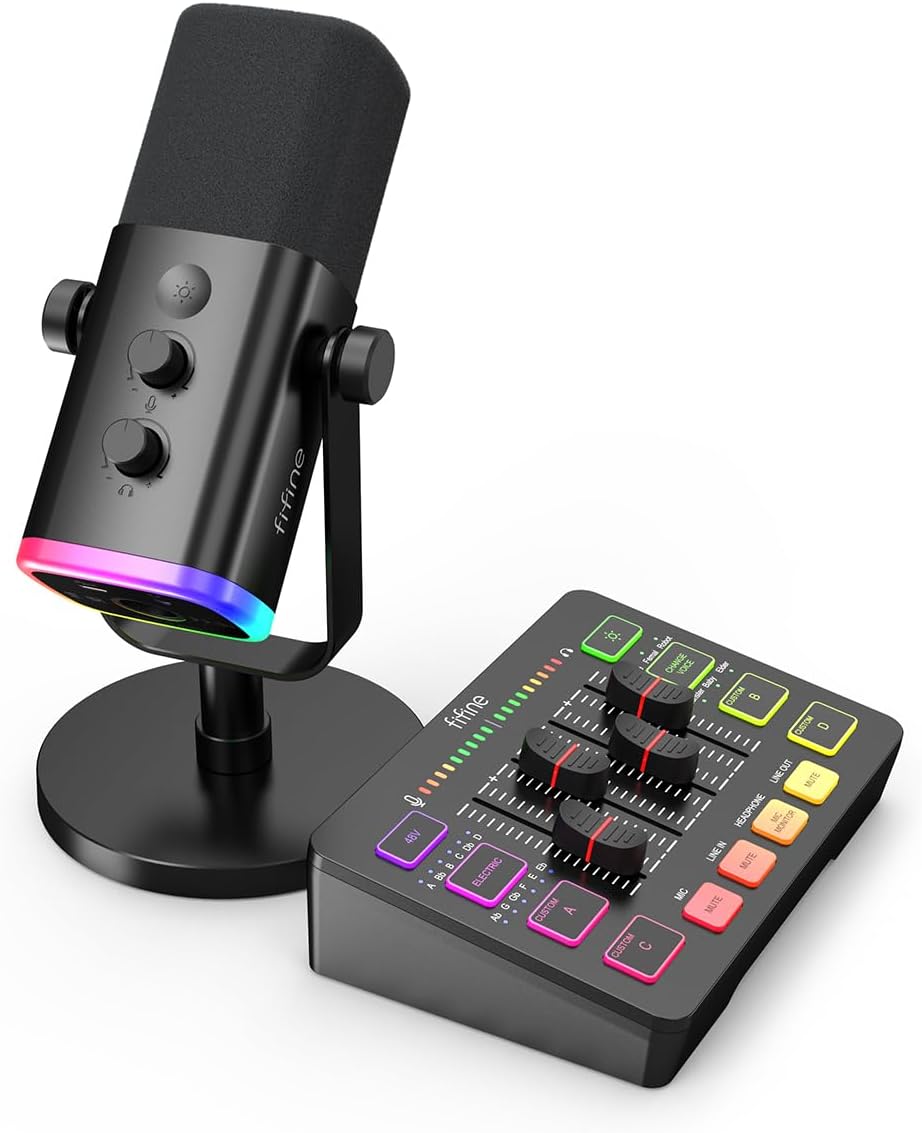 FIFINE Gaming Audio Mixer Bundle with Computer Streaming Microphone, 4-Channel RGB Mixer Set with XLR Interface, 48V Phantom Power, Dynamic Mic with Mute Button for Game Voice Podcast YouTube(SC3+AM8)