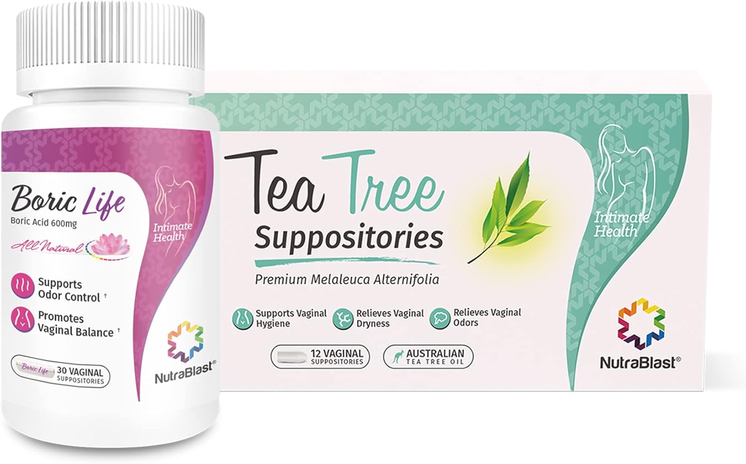 NutraBlast Boric Acid Vaginal Suppositories 600mg (30 Count) Bundle with Tea Tree Oil Suppositories (12 Count) | All Natural Intimate Deodorant for Women | Restore Feminine pH Balance
