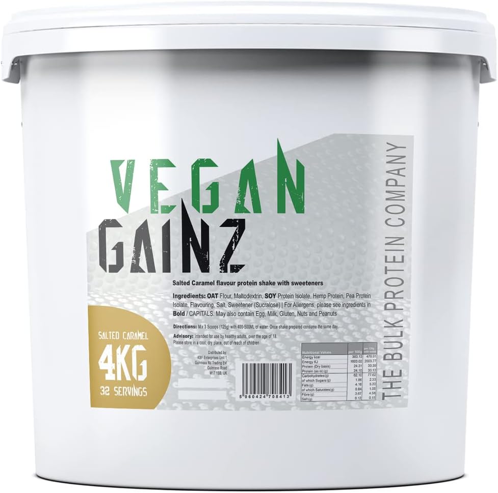 Vegan Gainz 4kg - Plant Based Protein Powder - Weight Gainer- 32 Servings & 30g Protein Per Serving - The Bulk Protein Company (Salted Caramel)