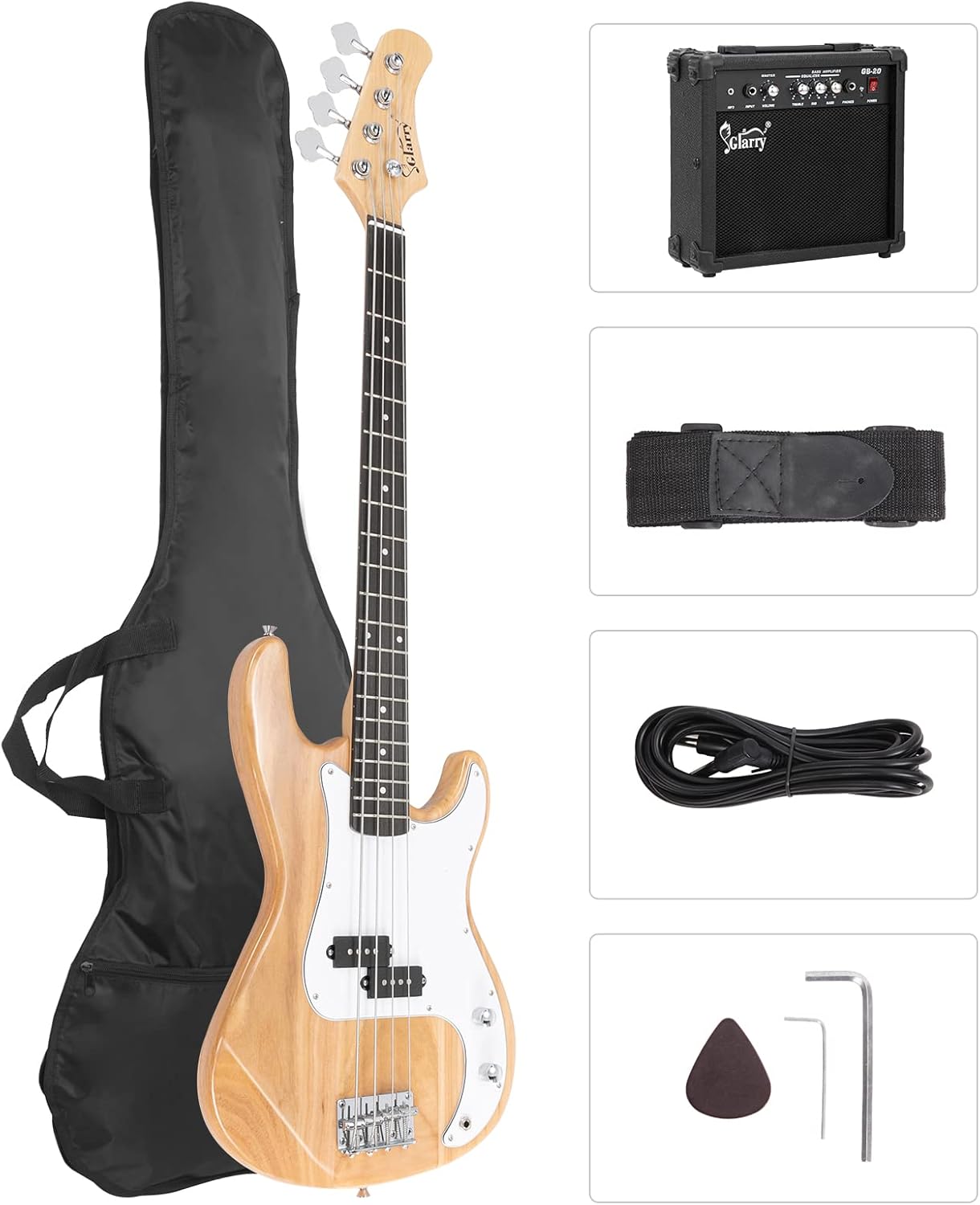 Bonnlo Electric Bass Guitar Kit for Beginners, Full Size 4/4 Bass with 20W amplifier and Bag, Cable, Strap, Stand，Strings, Maple Body, Ideal Starter Set for New Musicians and Learners, Natural