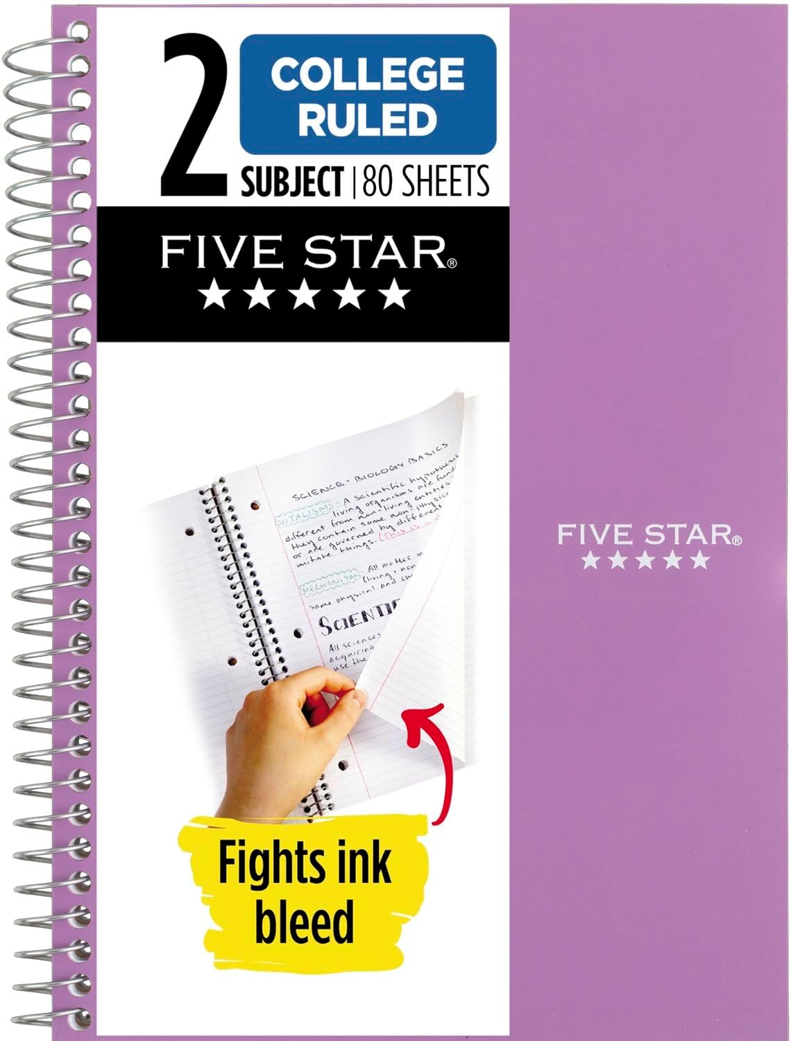 Five Star Spiral Notebook, 2 Subject, College Ruled, 9 1/2" x 6" 80 Sheets, Amethyst Purple (840029CF1-ECM)