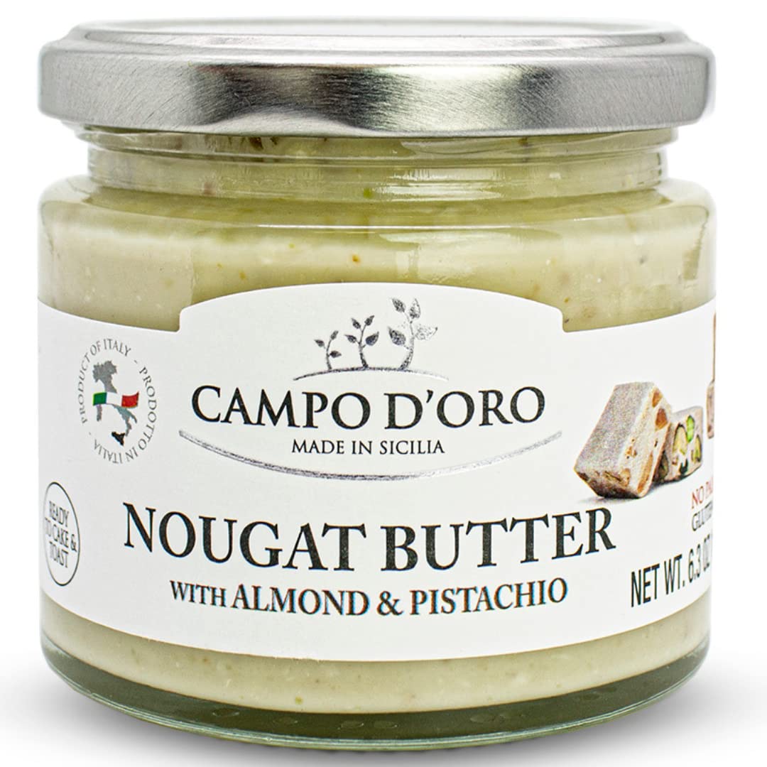 CAMPO D'ORO - Pistachio and Almond Nougat Butter (6.35oz - 180 g) NON-GMO, Gluten Free, Palm Oil Free