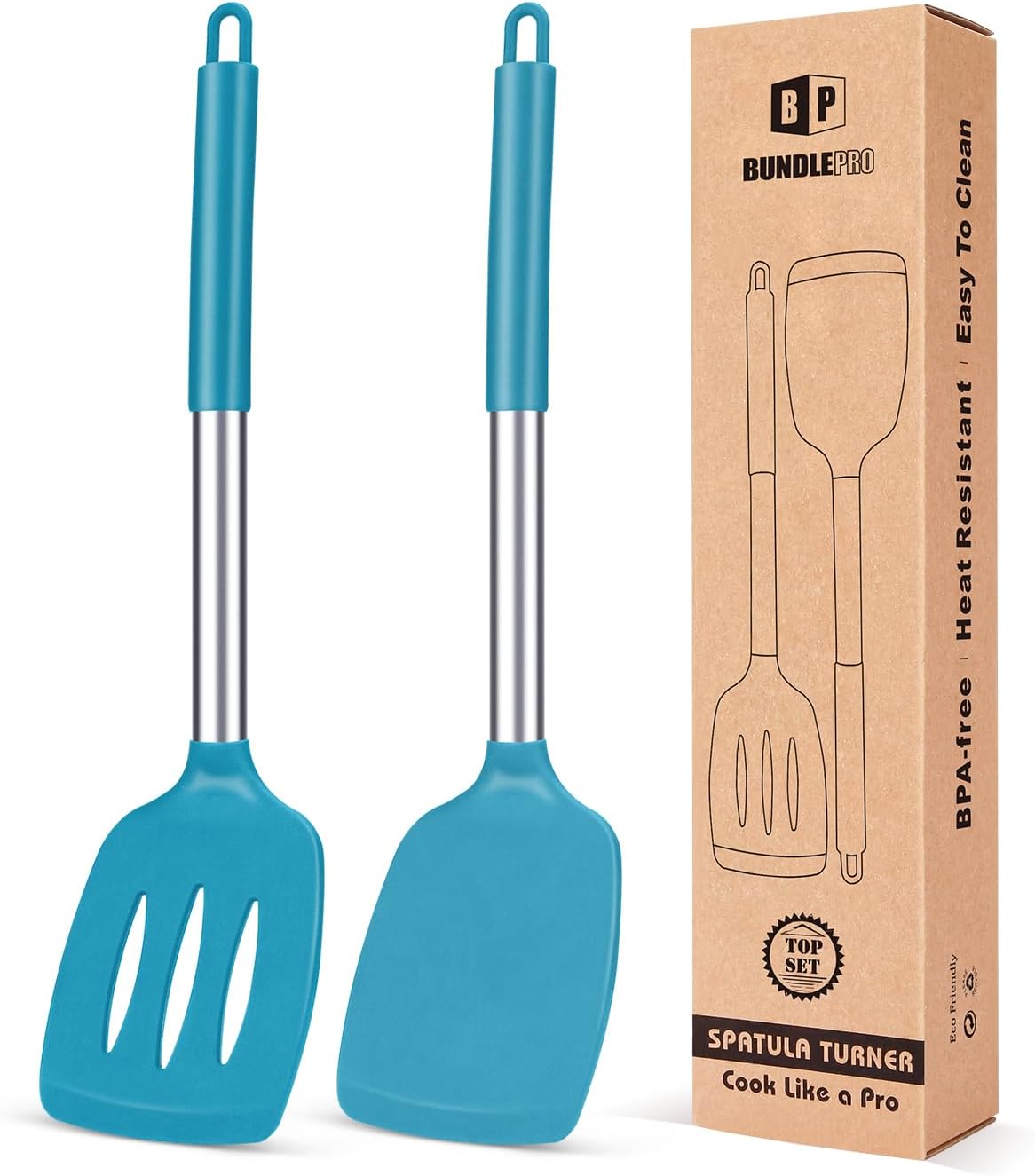 Pack of 2 Silicone Solid Turner,Non Stick Slotted Kitchen Spatulas,High Heat Resistant BPA Free Cooking Utensils,Ideal Cookware for Fish,Eggs,Pancakes (Blue)