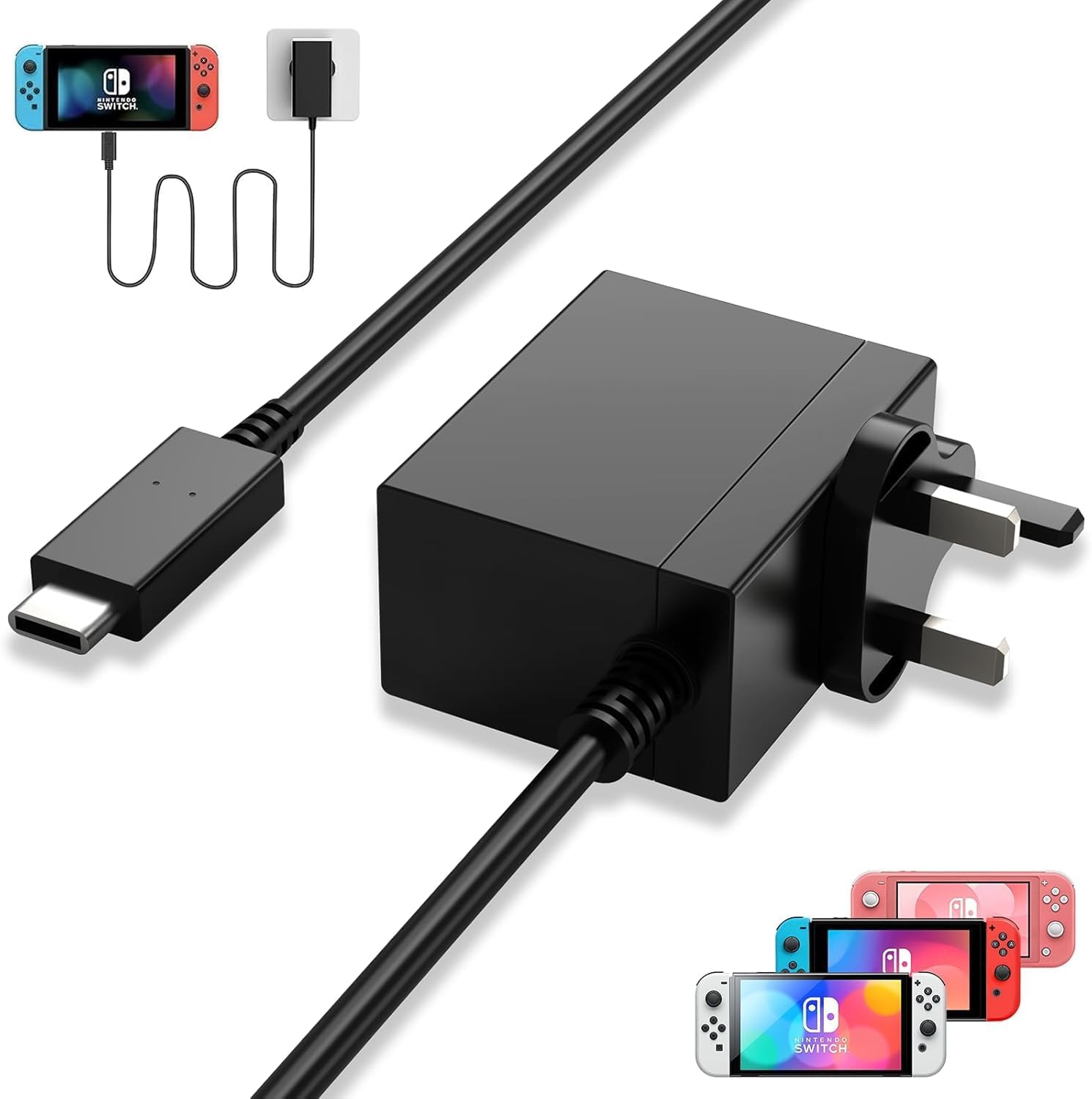 for Nintendo Switch Charger - 45W/39W UK Plug Steam Deck Charger Compatible for Steam Deck/Switch/Switch OLED/Switch Lite/Switch Dock (Supports TV Mode) and Switch Pro Controller with 1.5m USB C Cable