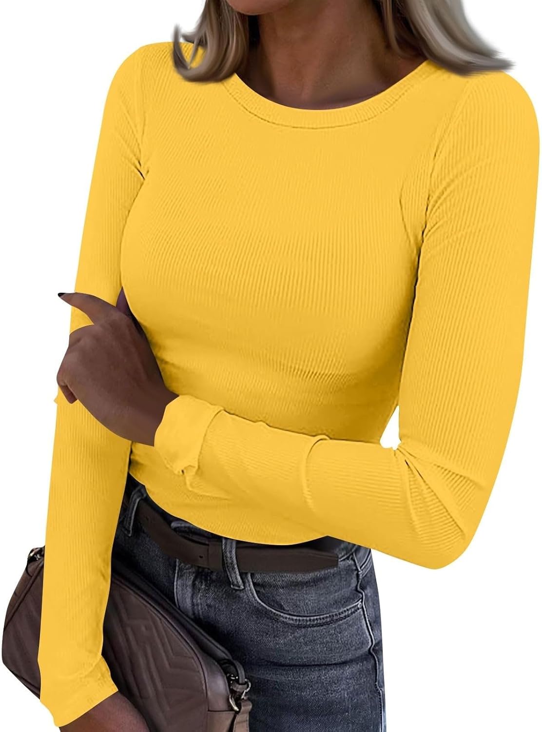 Going Out Tops for Women Spring Tops Trendy 2024 Crewneck Long Sleeve Vacation Sexy Elastic Wea