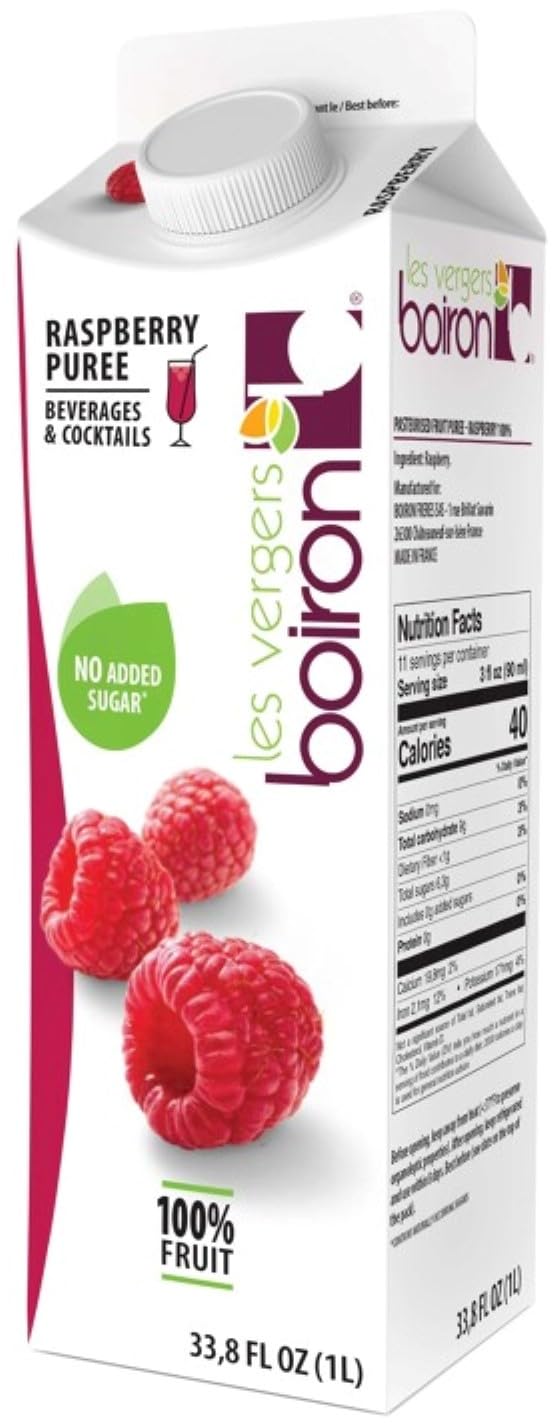 Les Vergers Boiron Raspberry Puree, 100% Fruit, All Natural, No Added Sugar, Non-GMO, No Preservatives, No Added Flavors, Vegan, For Beverages & Cocktails, 1 Liter, 33.8 Fl Oz (Pack of 1)