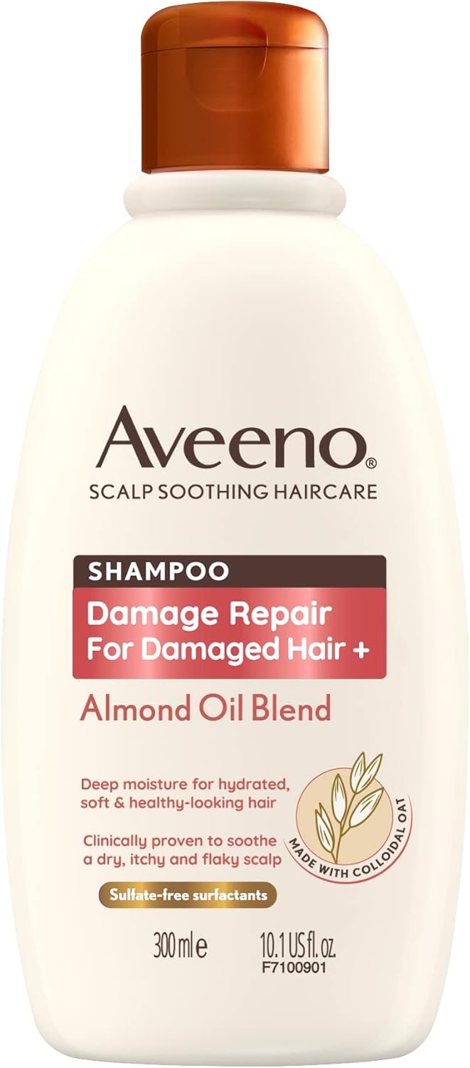 Aveeno Scalp Soothing Haircare Damage Repair Shampoo, Almond Oil Blend, with Colloidal Oat Extract, for Damaged Hair, Soothes Dry, Itchy & Flaky Scalp, Clinically Proven, Sulfate Free, 300ml