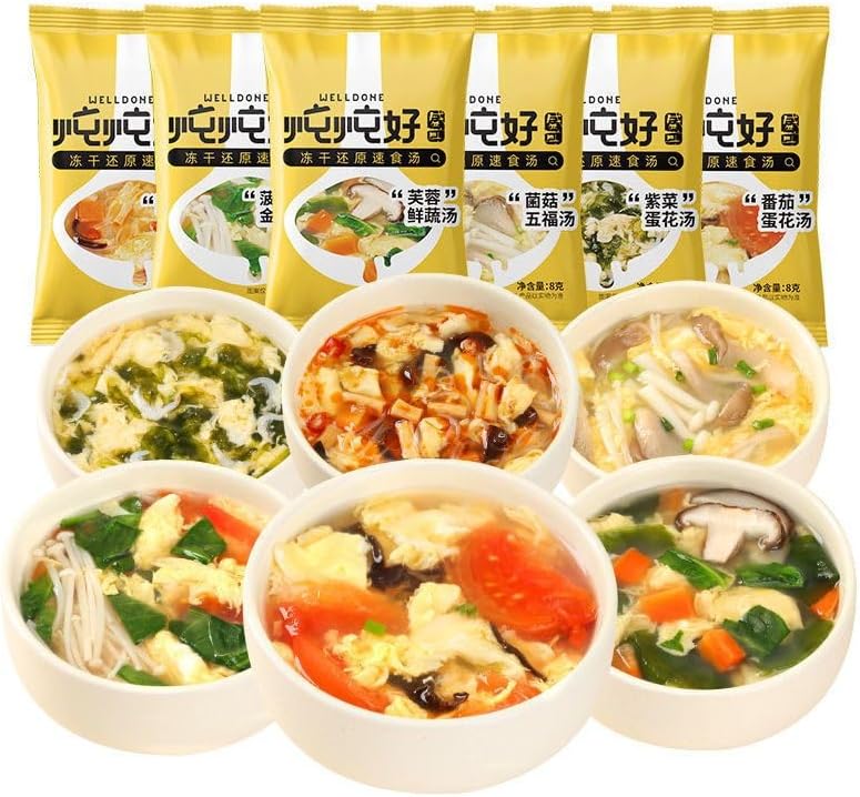 Freeze dried instant vegetable soup（8g/pack） healthy and nutritious breakfast, brewed instant soup, sour and spicy tomato soup, seaweed fresh vegetable soup, snack gift, soup gift (Mixed 5 packs)