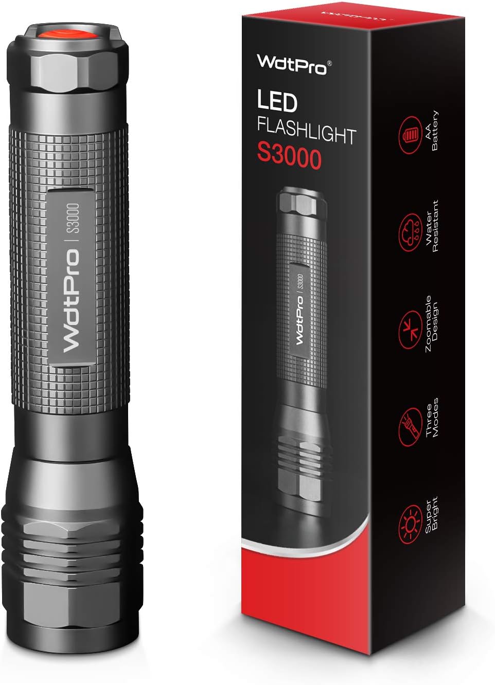 WdtPro High-Powered LED Flashlight S3000, Super Bright Flashlights - High Lumen, IP67 Water Resistant, 3 Modes and Zoomable for Camping, Emergency, Hiking, Gift