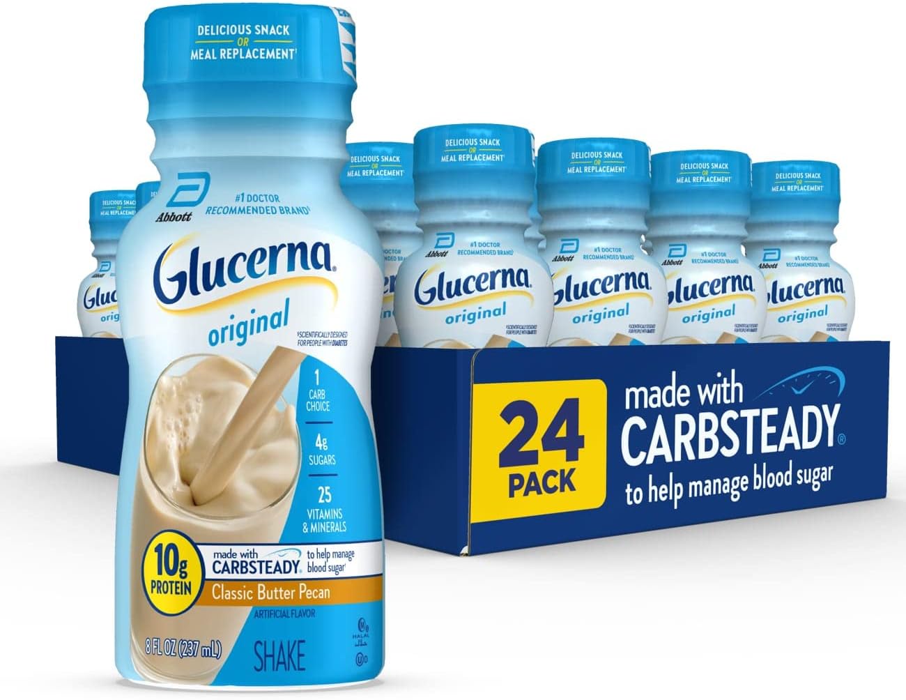 Glucerna Original Diabetes Care Shake, Classic Butter Pecan, Diabetic Meal Replacement to Support Blood Sugar Management, 10g Protein, 180 Calories, Ready to Drink, 8-fl-oz Bottle, 24 Pack