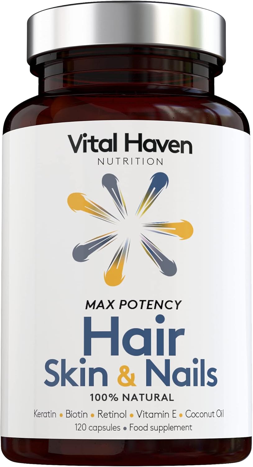 [Vital Haven] Complex Hair Formula - Biotin & Keratin with Vitamin A & E and Coconut - High Strength - 2-Month Supply - Premium Ingredients - for Stronger Hair and Skin - Made in The UK