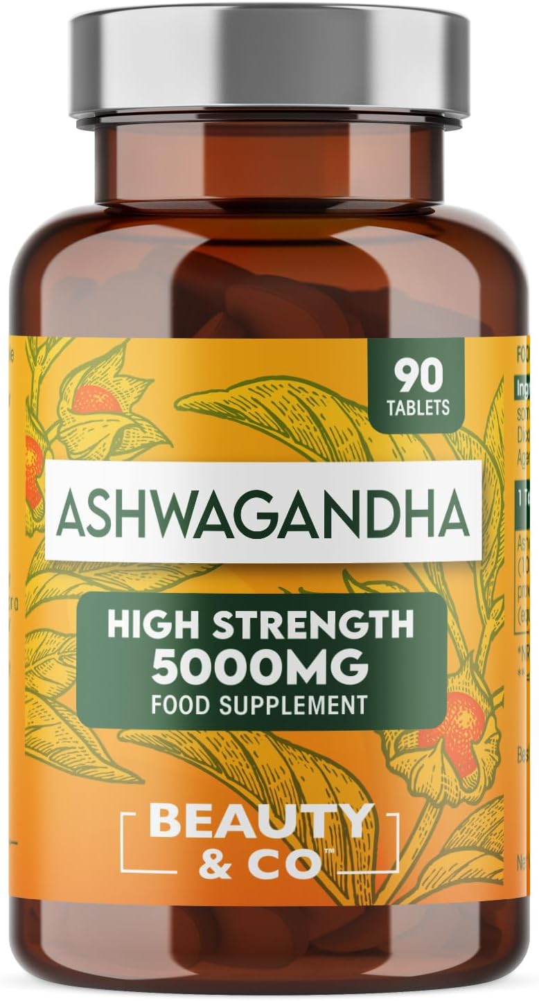 Ashwagandha 5000mg 90 Tablets, Super High Strength Ashwagandha- 3 Months Supply from Beauty & Co, Pure Ashwagandha, Vegan, Made in The UK.