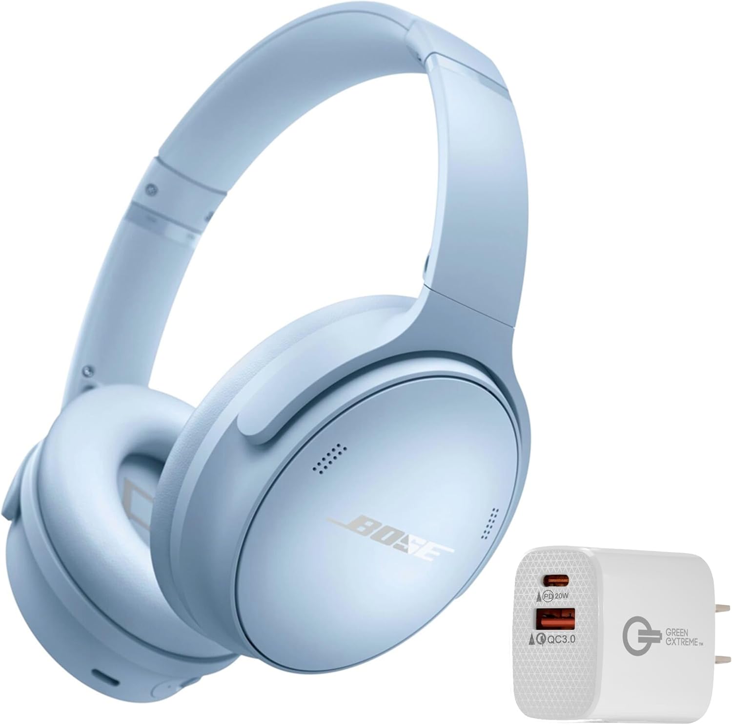 Bose QuietComfort Bluetooth Headphones, Wireless Headphones with Active Over Ear Noise Cancelling and Mic, + Green Extreme 20W 2-Port Wall Charger (Moonstone Blue)
