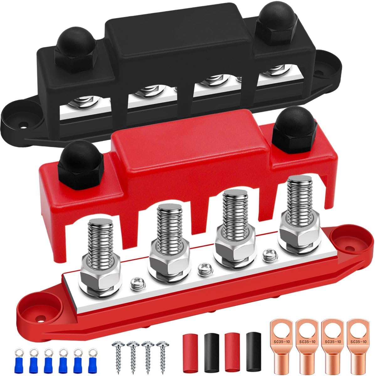 250A 12V Bus Bar Marine Power Distribution Block with Cover with 4 x 3/8”Post 3 x #8 Screws Terminals,Battery Bus Bar (Pair,Red & Black),Automotive Busbars 12 Volt for Car Boat Solar Wiring