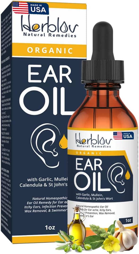 Organic Ear Oil for Ear Infections - Natural Eardrops for Infection Prevention, Swimmer's Ear & Wax Removal - Kids, Adults, Baby, Dog Earache Remedy - with Mullein, Garlic, Calendula, Made in USA