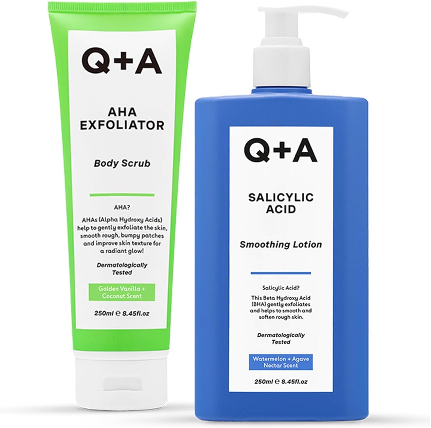 Q+A AHA Body Scrub and Salycylic Body Lotion