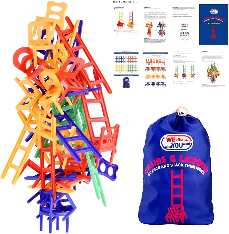 WEofferwhatYOUwant Family Game – Stacking Chairs and Ladders – 44-Piece Balance Game for Kids & Adults – Fun for Team or Solo Play – Great for Game Nights, Parties, Travel & Gifts