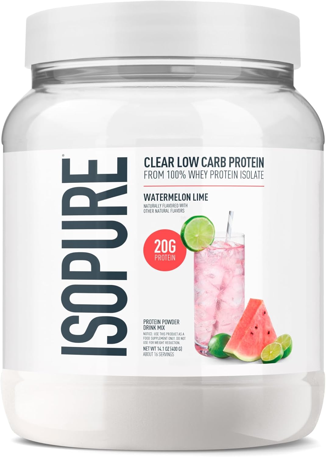 Isopure Clear Whey Isolate Protein Powder, Lactose Free, Gluten Free, Naturally Flavored, Watermelon Lime, 20g Protein Per Serving, 14.1 Oz, 16 Servings (Packaging May Vary)
