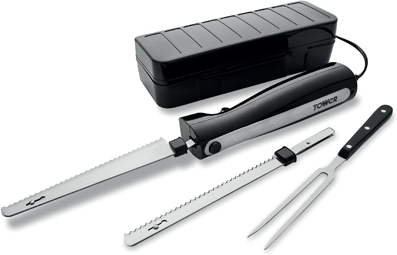 Tower T19028 Electric Knife with One Touch Operation, Ergonomic Design and Storage Case, 120W, Black, 1 Pack