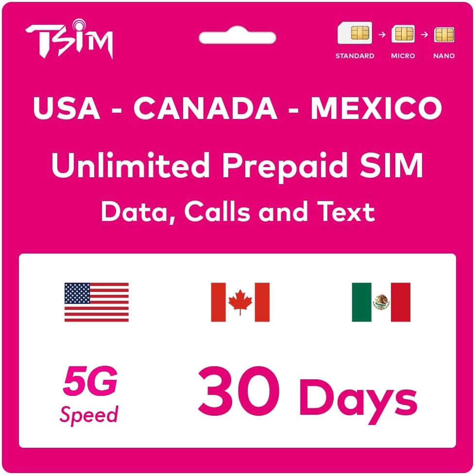 TSIM Prepaid USA SIM card for 30 days travel | Unlimited 4G/5G high-speed data in the USA + 5GB data in Canada and Mexico | Unlimited local calls + free incoming calls & SMS