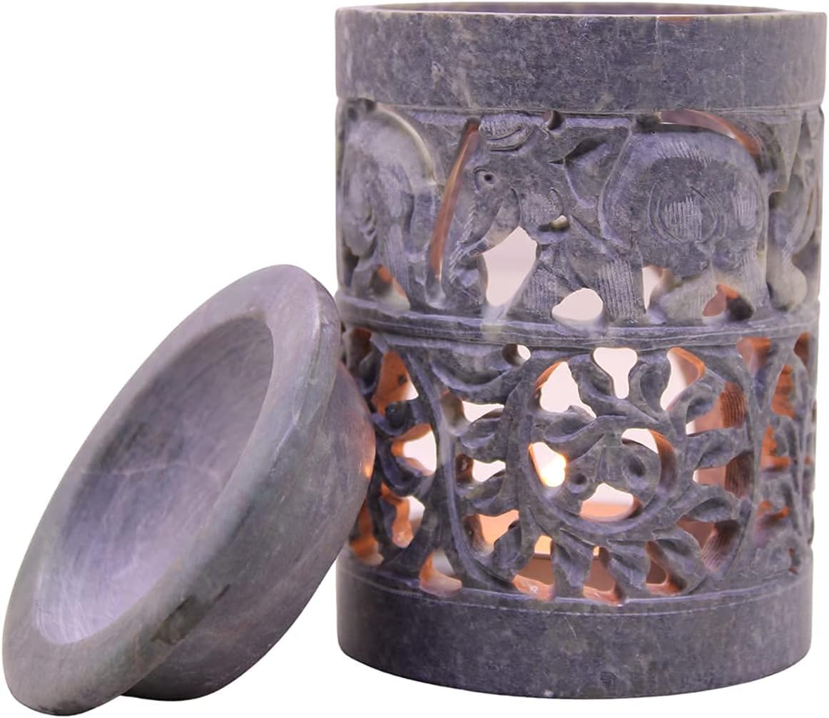 KC KULLICRAFT Natural Marble Soapstone Elephant Carving Oil Burner Moroccan Style Wax Melt Burner Oil Diffuser Wax Burner Essential Oil Diffuser Warmer Tea Light Candle Holder Burner For Home Decor