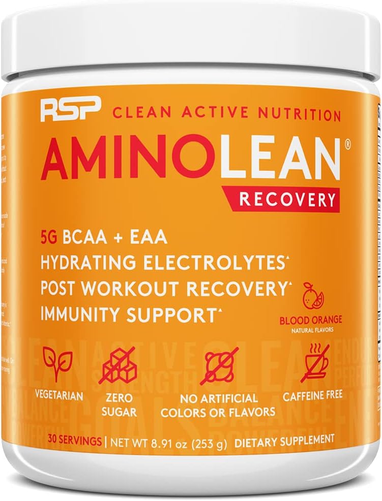 RSP AminoLean Recovery - Post Workout BCAAs Amino Acids Supplement + Electrolytes, BCAAs and EAAs for Hydration Boost, Immunity Support - Muscle Recovery Drink, Vegan Aminos, Blood Orange…